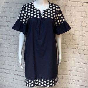 J. Crew Navy Embroidered White Circle Flower Lined Cotton Shift Dress Sz 12